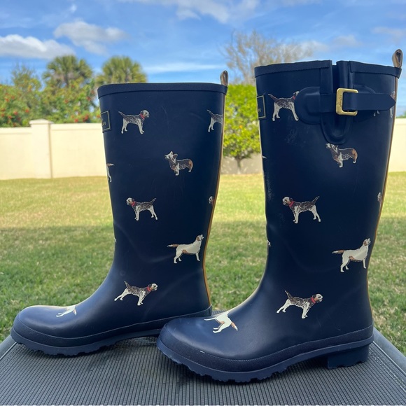 Joules Printed Navy Adjustable Tall Waterproof Wellies Rain Boots Dogs Size 10 - Picture 6 of 13